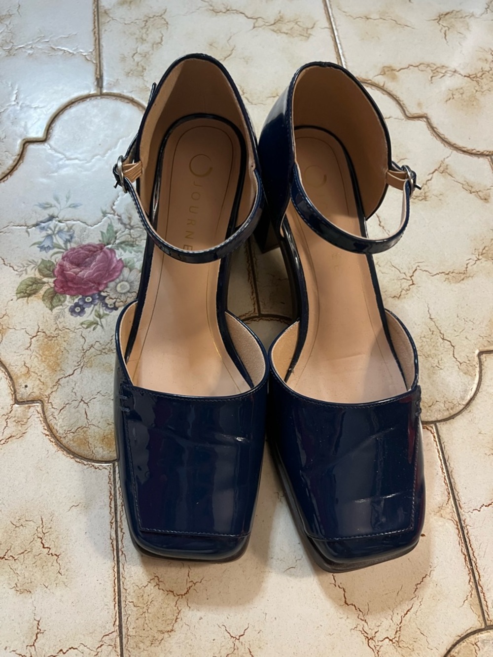 Journee Collection Navy Patent Block Heel Mary Jane Pumps